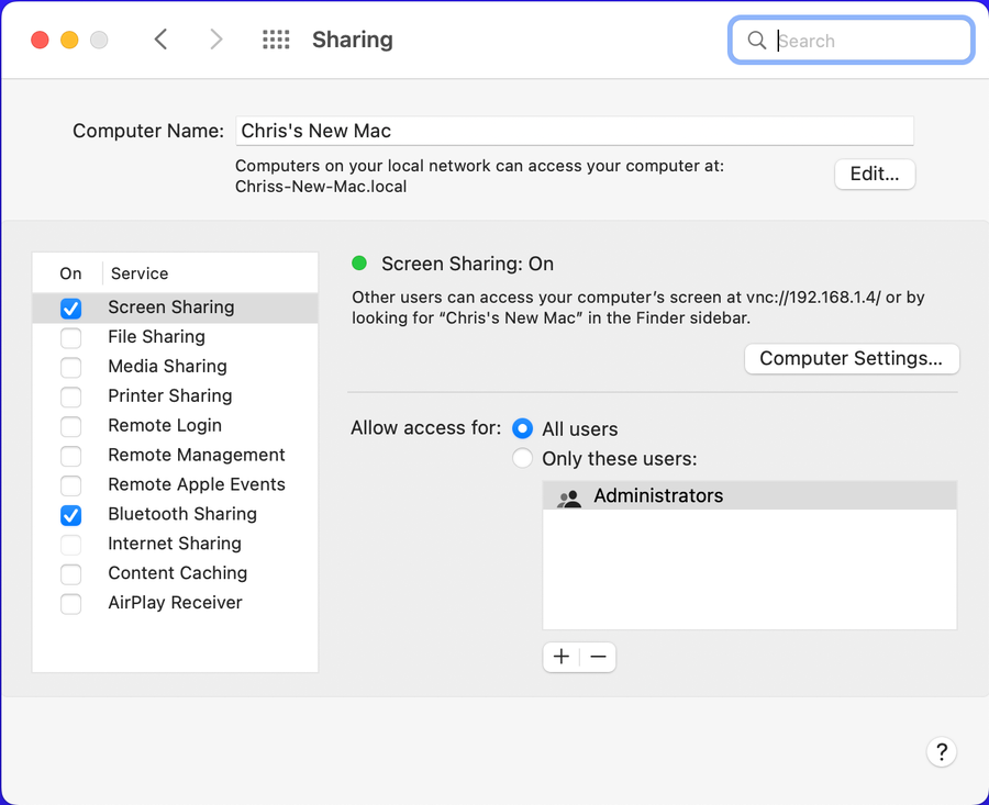 Sharing Settings